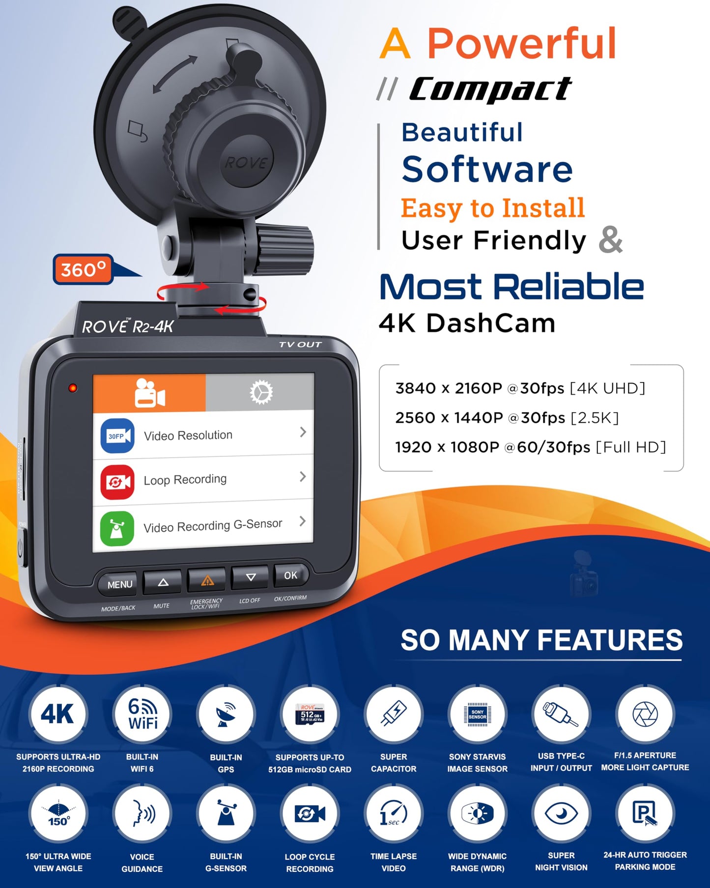 ROVE 4K Dash Cam with WiFi and GPS