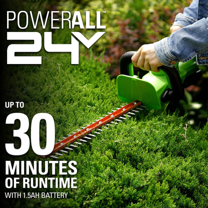 Greenworks 24V 22" Cordless Rotating Handle Hedge Trimmer, 1.5Ah USB Battery and Charger Included