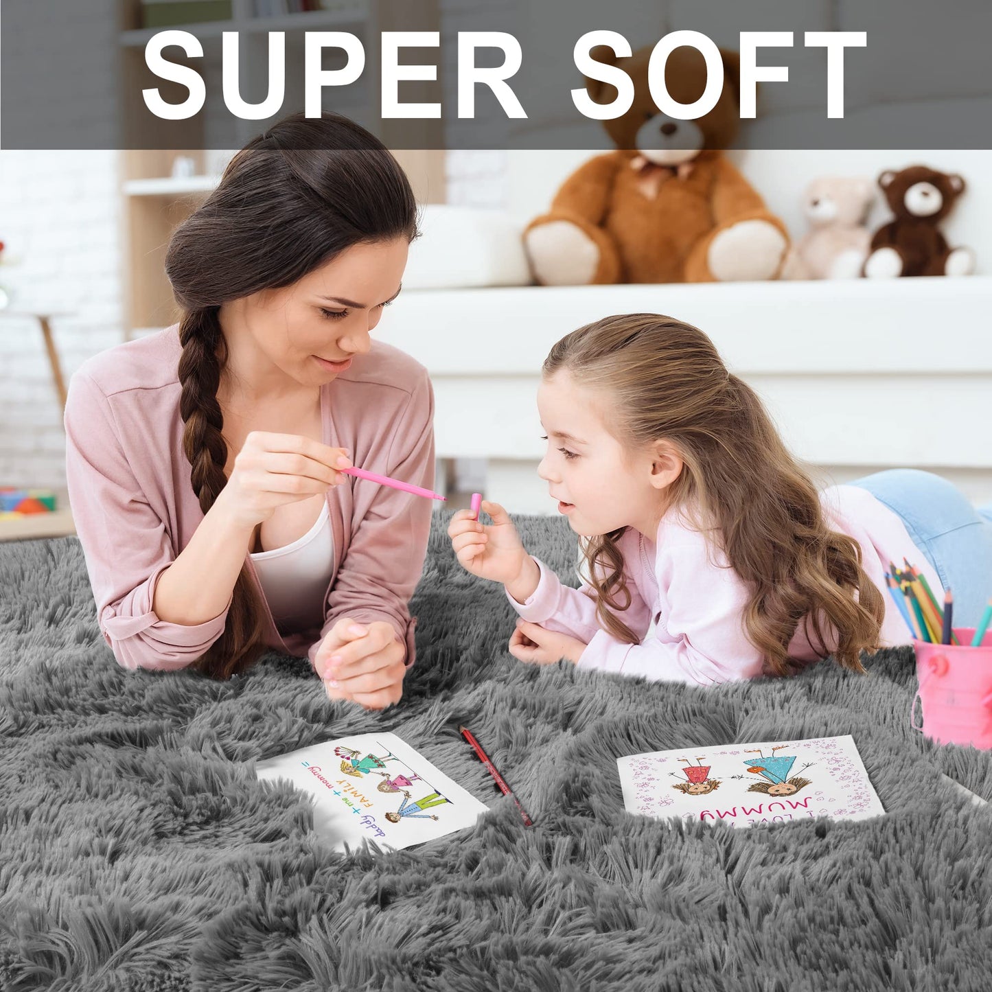 Fluffy Grey Non-Slip Area Rug for Bedrooms