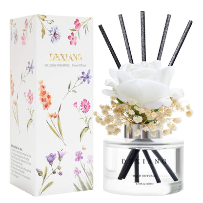 DEXAING Reed Diffuser Set, 6.7oz (200ml) Clean Linen Scent Diffuser with Rose Flower and Sticks Home perfumes Reed Diffuser Makes Great Bathroom Decor (White Floral Scent)