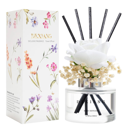 DEXAING Reed Diffuser Set, 6.7oz (200ml) Clean Linen Scent Diffuser with Rose Flower and Sticks Home perfumes Reed Diffuser Makes Great Bathroom Decor (White Floral Scent)