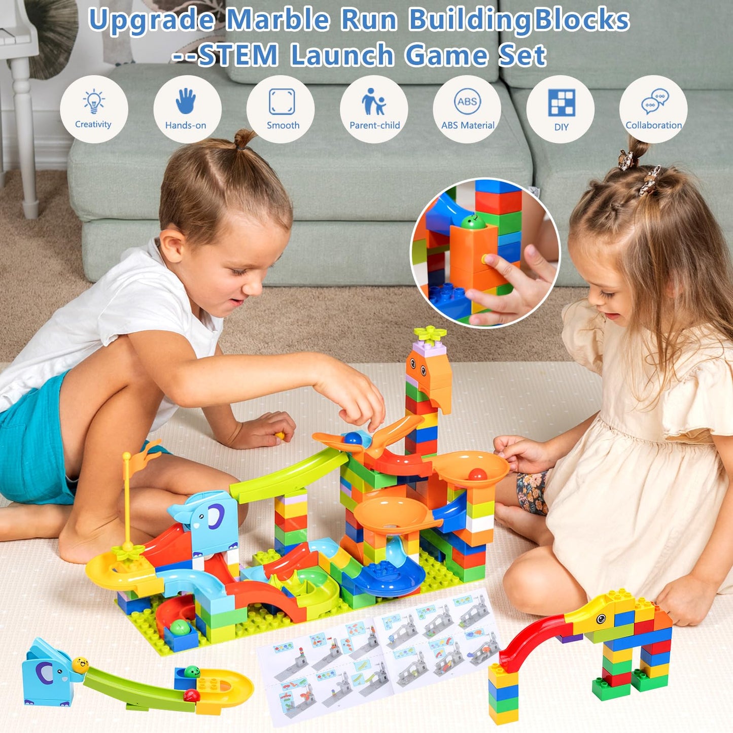 Marble Run Building Blocks: Upgrade Marbles Launcher Set Circular Fun Shot Game Variety Track Parts Compatible with Classic Large Bricks Birthday Gift for Boys Girls Toddler Aged 3,4,5,6,7,8+