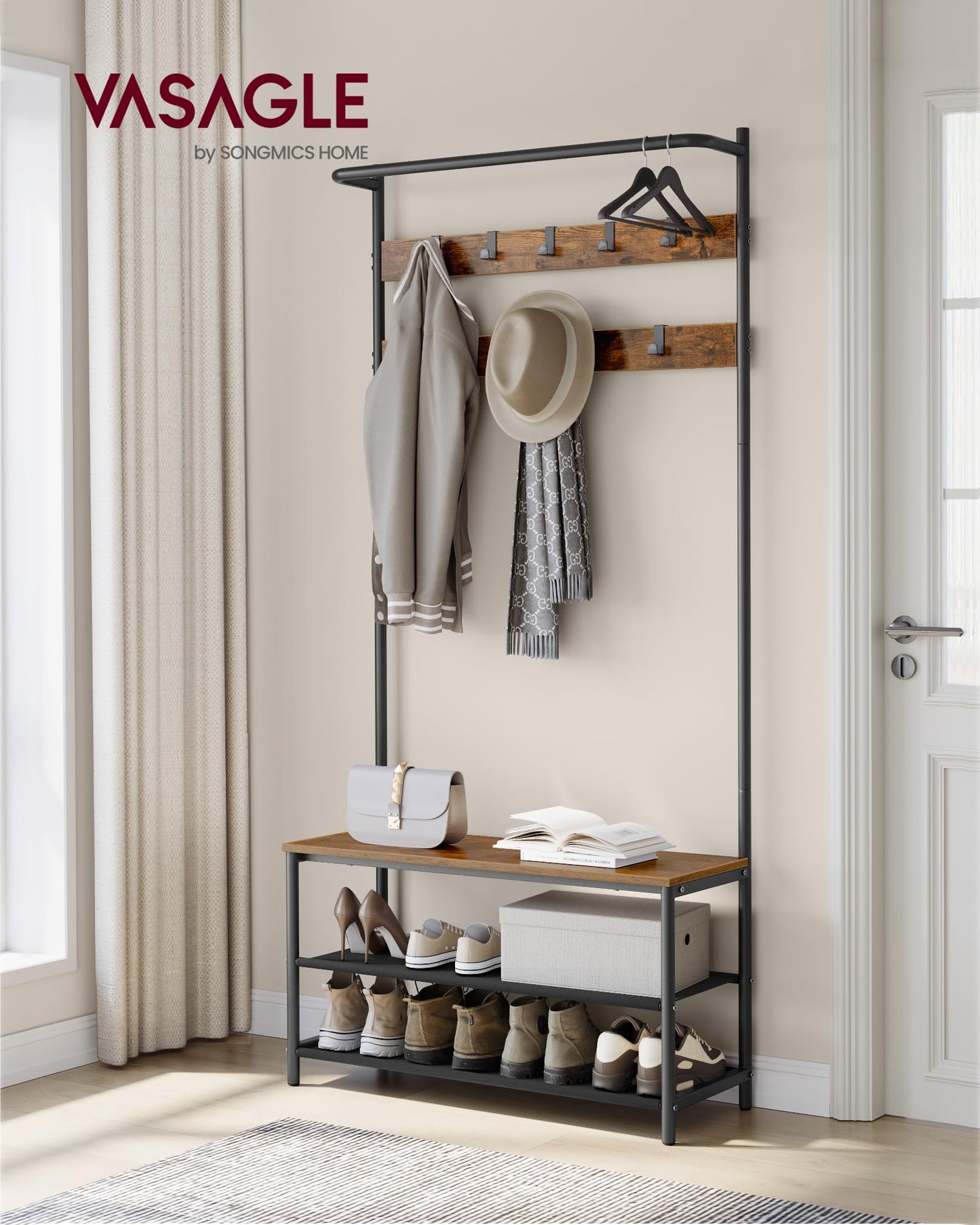 VASAGLE Entryway Bench with Shoe Storage and Hooks