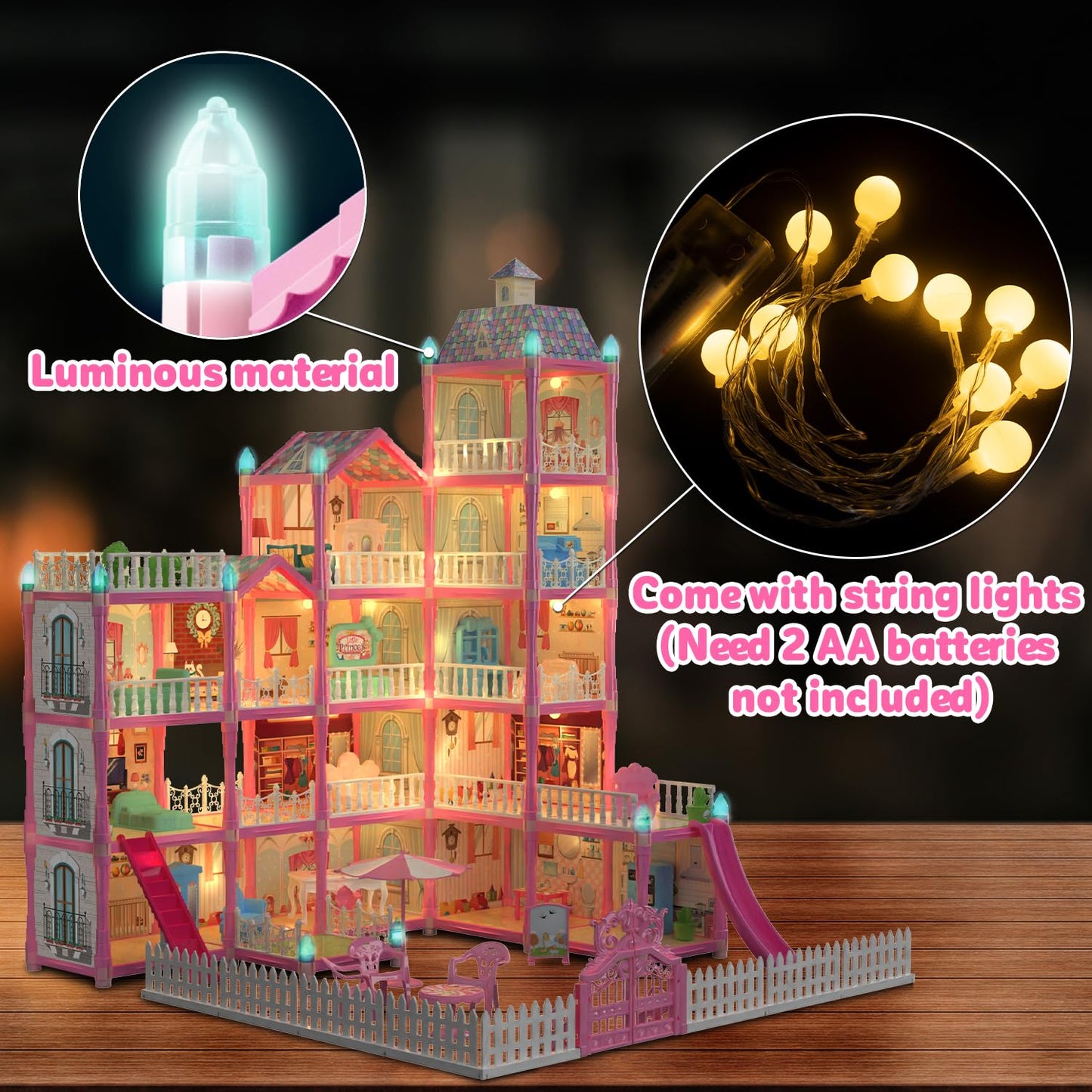 JoyZin 374Pcs Doll House for Girls, 15 Rooms Princess Playhouse with Lights, Dolls, Furniture, Accessories, Pretend Play Dream House Toys for 3 4 5 6 7 8 9 10 Years Old Kids Toddlers Gifts