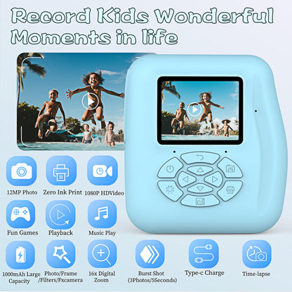 Kids Camera Instant Print - Instant Print Camera for Kids, Inkless Camera Instant Print, Kids Toddler Digital Video Cameras Kids Toys Christmas Birthday Gifts for Girls Boys (Blue)