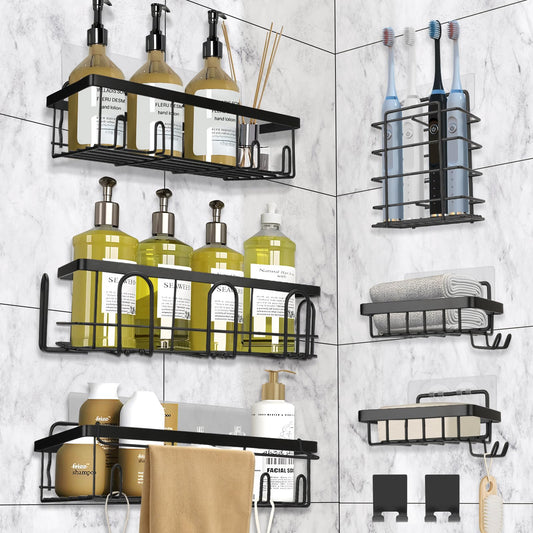 DTUQYX Shower Caddy 9 Pack,Adhesive Organizer for Bathroom Decor Accessories & Kitchen Storage,No Drilling,Large Capacity,Rustproof Stainless Steel Organizer,Home Decor Shelves