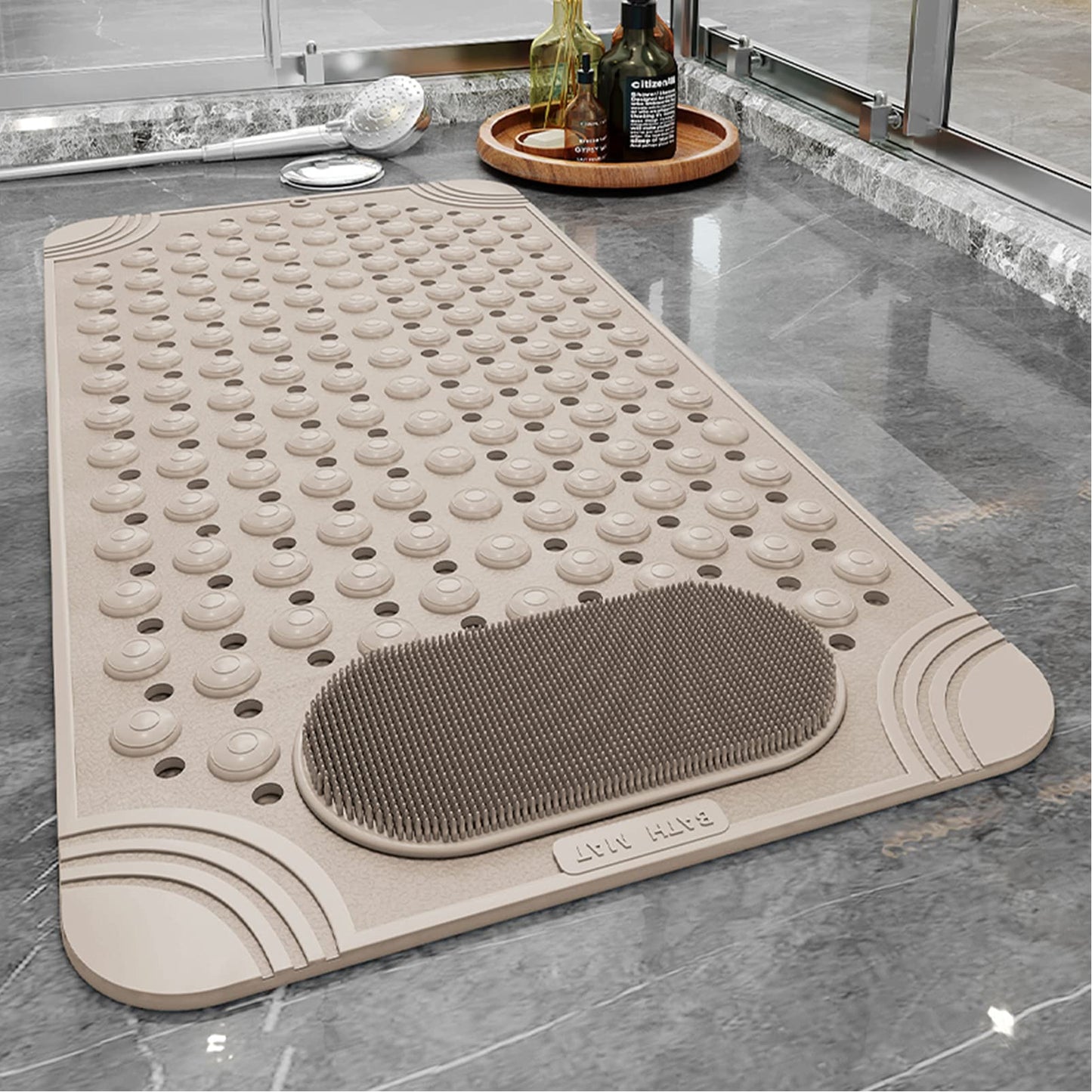 Shower and Bathtub Mat 31.5 ×19.6in, Rubber Non-Slip Shower Mat for Elderly & Kids, Bathtub mat Non Slip with Drain Holes &Suction Cups, Bath Mat for Bathroom and Tub, Machine Washable, Beige