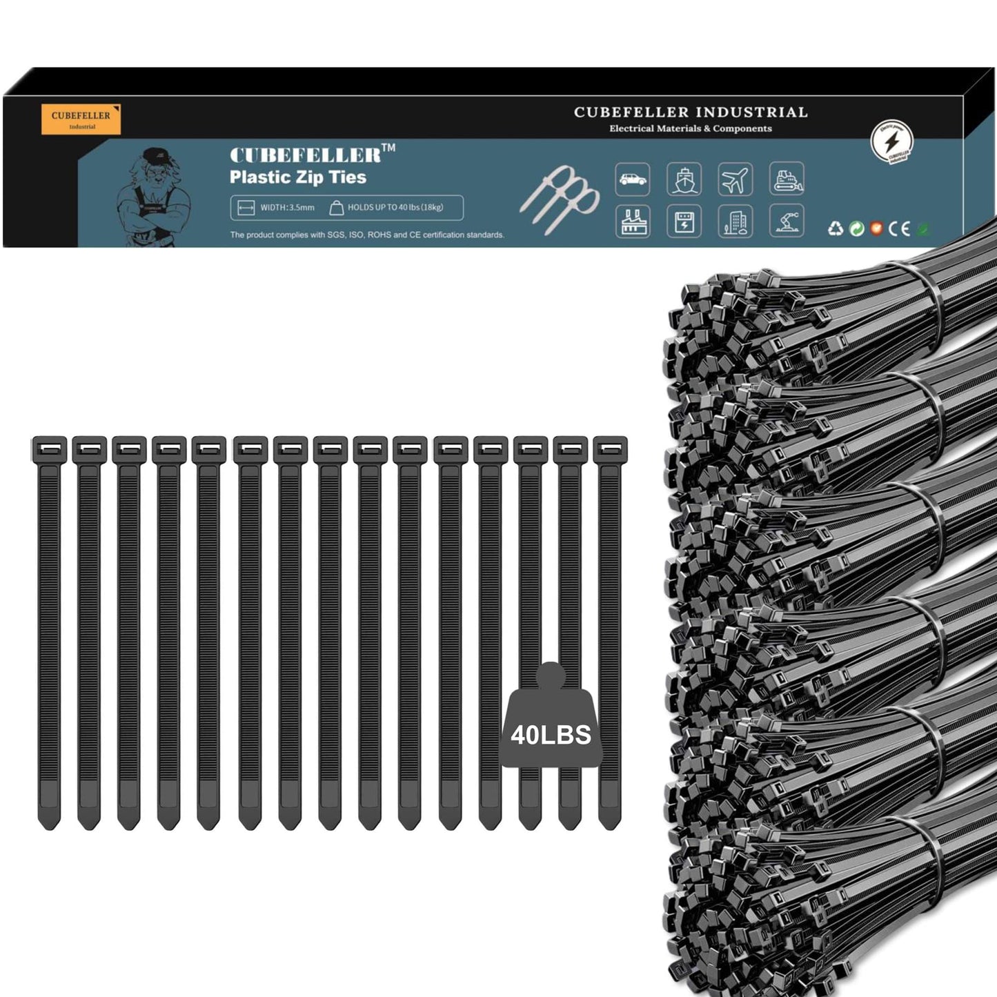 CUBEFELLER® Zip Ties, 4inch, 600 Pack, Black Zip Tieswith 40 Pounds Tensile Strength, Self-Locking Nylon Zip Ties for Indoor and Outdoor, Cable Ties in resealable bag
