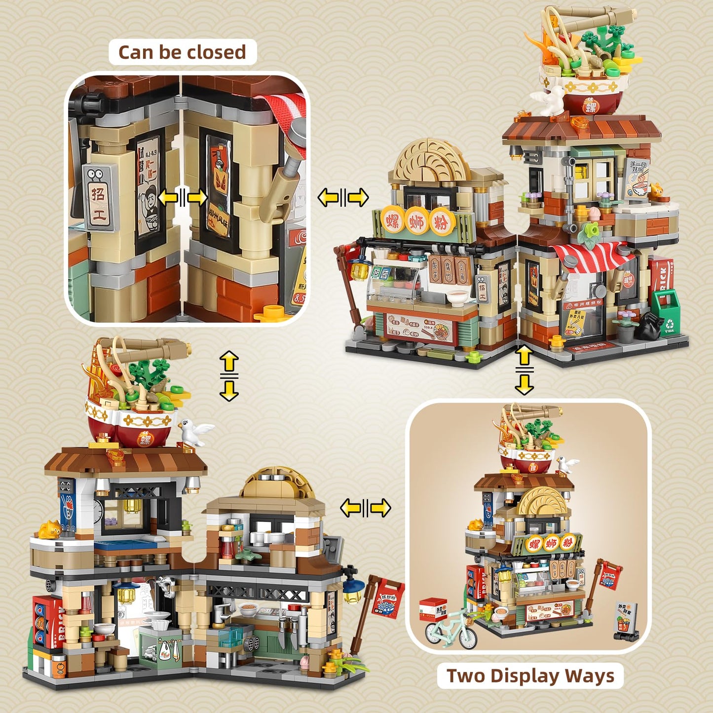 QLT QIAOLETONG Street View Noodle Shop Mini Building Blocks, MOC Creative Building Toys Model Set for Girls 7-9 Years Old, 870 PCS Simulation Architecture Construction Toy, Gift Idea for Kids Adults