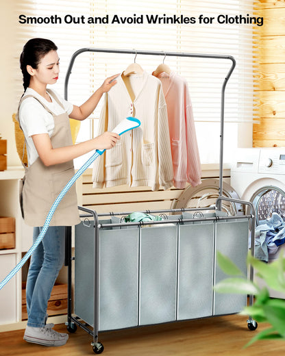ROMOON Laundry Sorter with Hanging Bar, 4 Section Laundry Hamper with Heavy Duty Lockable Rolling Wheels, Laundry Basket with Removable Bags for Dirty Clothes, Grey
