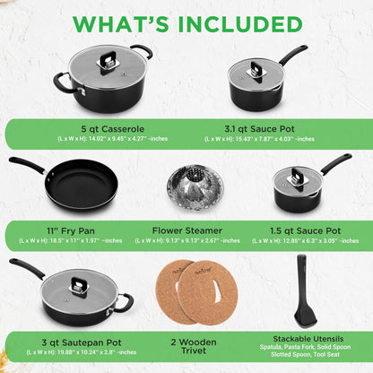 UPDATE: DEAD! NutriChef Kitchenware Cookware, Non-Stick Pans and Pots with foldable Knob, Space Saving, Stackable, Nylon Tools, Induction Base, Black (17-Piece Set), One Size