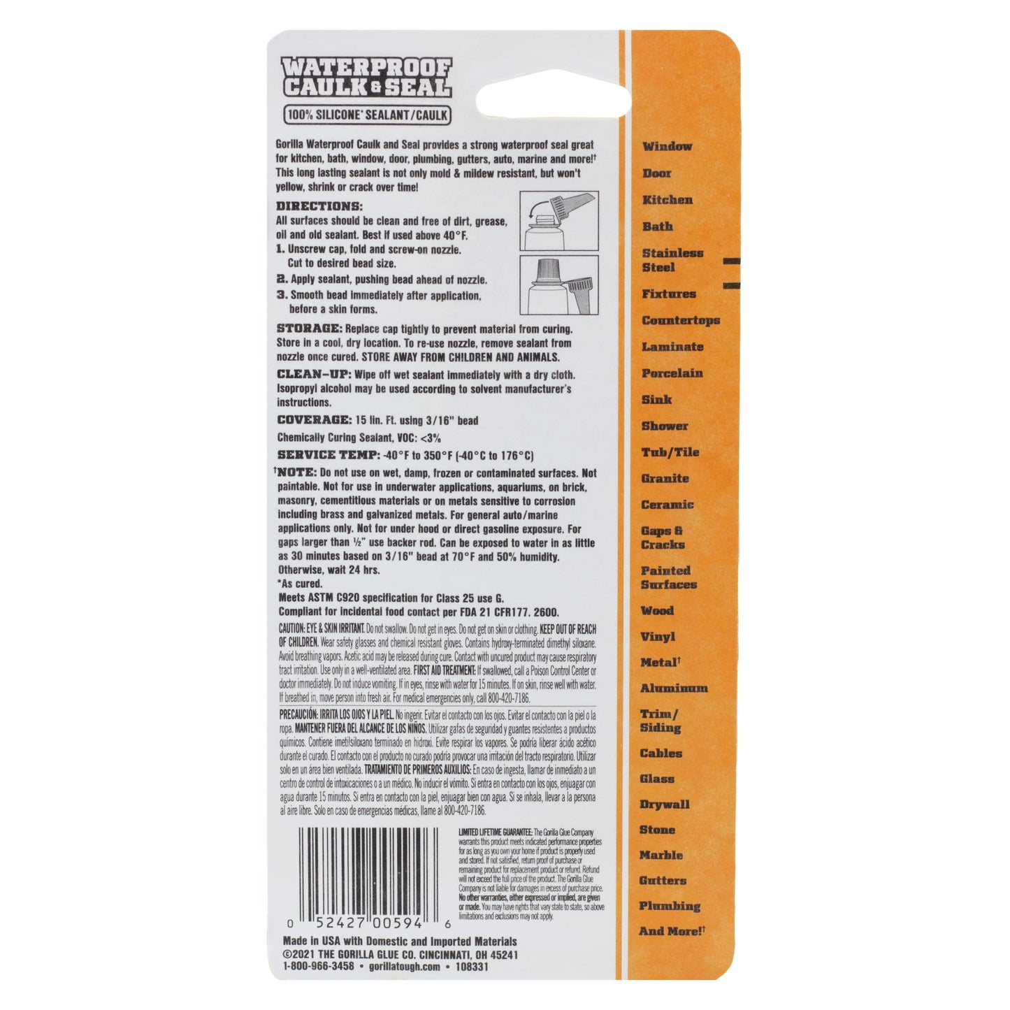 Gorilla Waterproof Caulk & Seal 100% Silicone Sealant, White, 2.8oz Squeeze Tube (Pack of 2)