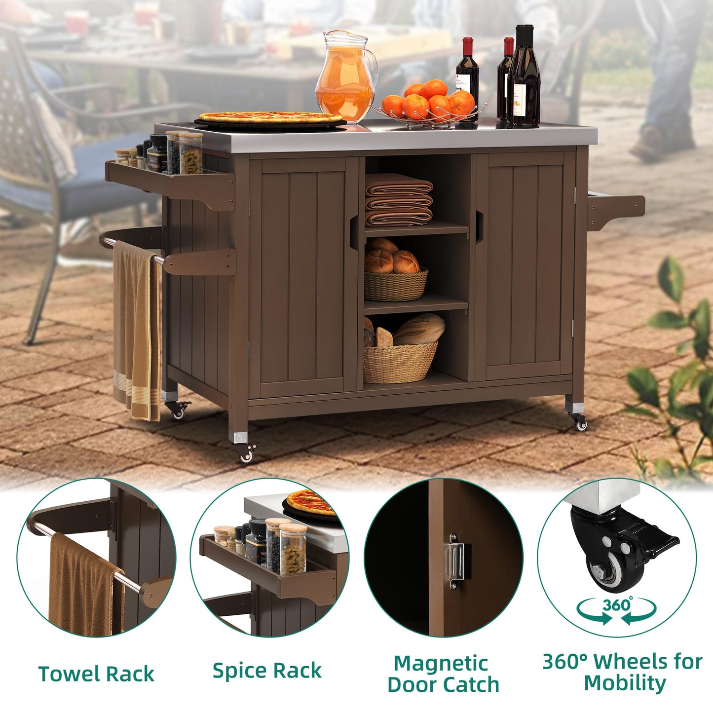YITAHOME XL Solid Wood Grill Cart Outdoor Storage Cabinet Movable Patio Table with Stainless Steel Top, Spice Rack, and Side Handle, Outdoor Kitchen Island Bar Cart, Brown