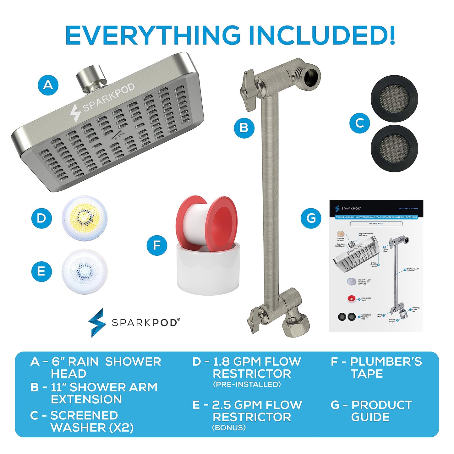 SparkPod Square Rain Shower Head with Shower Head Extension Arm - High Pressure Rain - Luxury Modern Look - No Hassle Tool-less 1-Min Installation (11" Shower Arm Extension, Elegant Brushed Nickel)