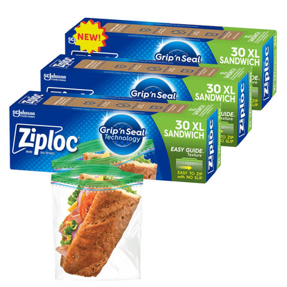 Ziploc XL Sandwich and Snack Bags with EasyGuide Texture, Plastic Storage Bags with Grip 'n Seal Technology, 90 Bags Total