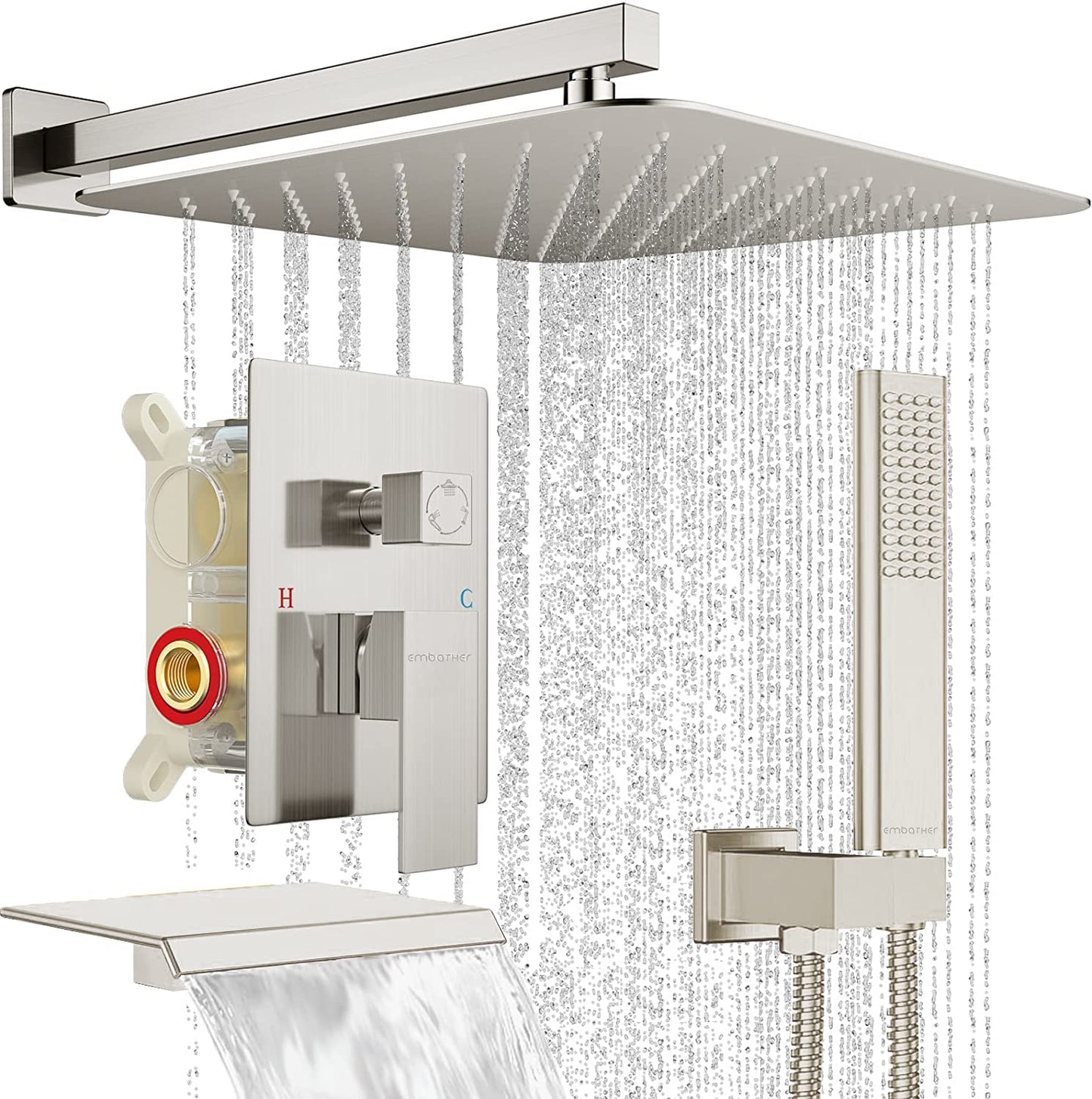 UPDATE: DEAD! EMBATHER Shower System with Tub Spout,12 Inch All-Metal Tub Shower Faucet Combo Complete, Wall Mounted Rain Shower Head with Handheld Spray, Brushed Nickle (with Brass Valve and Trim kit)