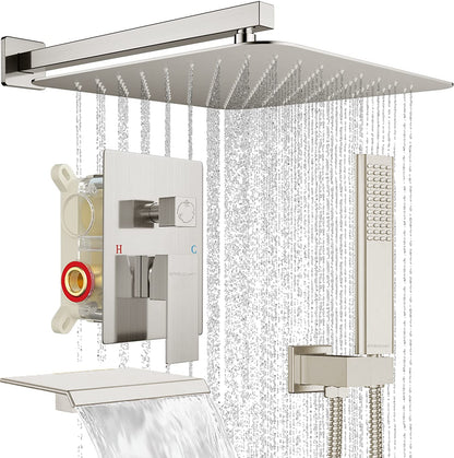 UPDATE: DEAD! EMBATHER Shower System with Tub Spout,12 Inch All-Metal Tub Shower Faucet Combo Complete, Wall Mounted Rain Shower Head with Handheld Spray, Brushed Nickle (with Brass Valve and Trim kit)