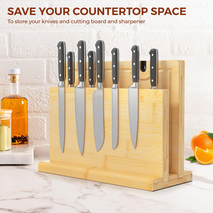 Magnetic Knife Block for up to 16 x 9″ Knives - Powerful Double-Sided Bamboo Magnetic Knife Holder with Cutting Board with Knife Sharpener, Easy-Access Kitchen Knife Storage - Supplied Without Knives