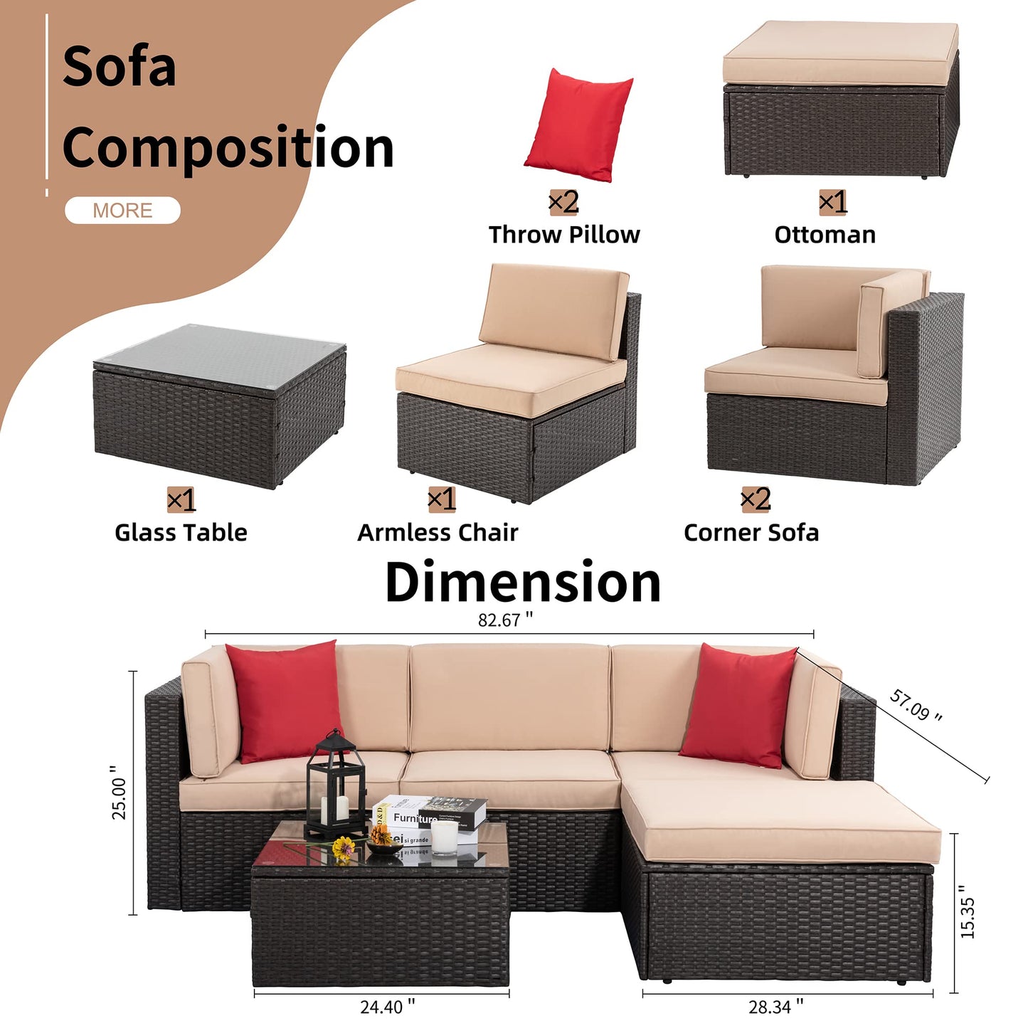 5-Piece Outdoor Patio Furniture Set with Sofa