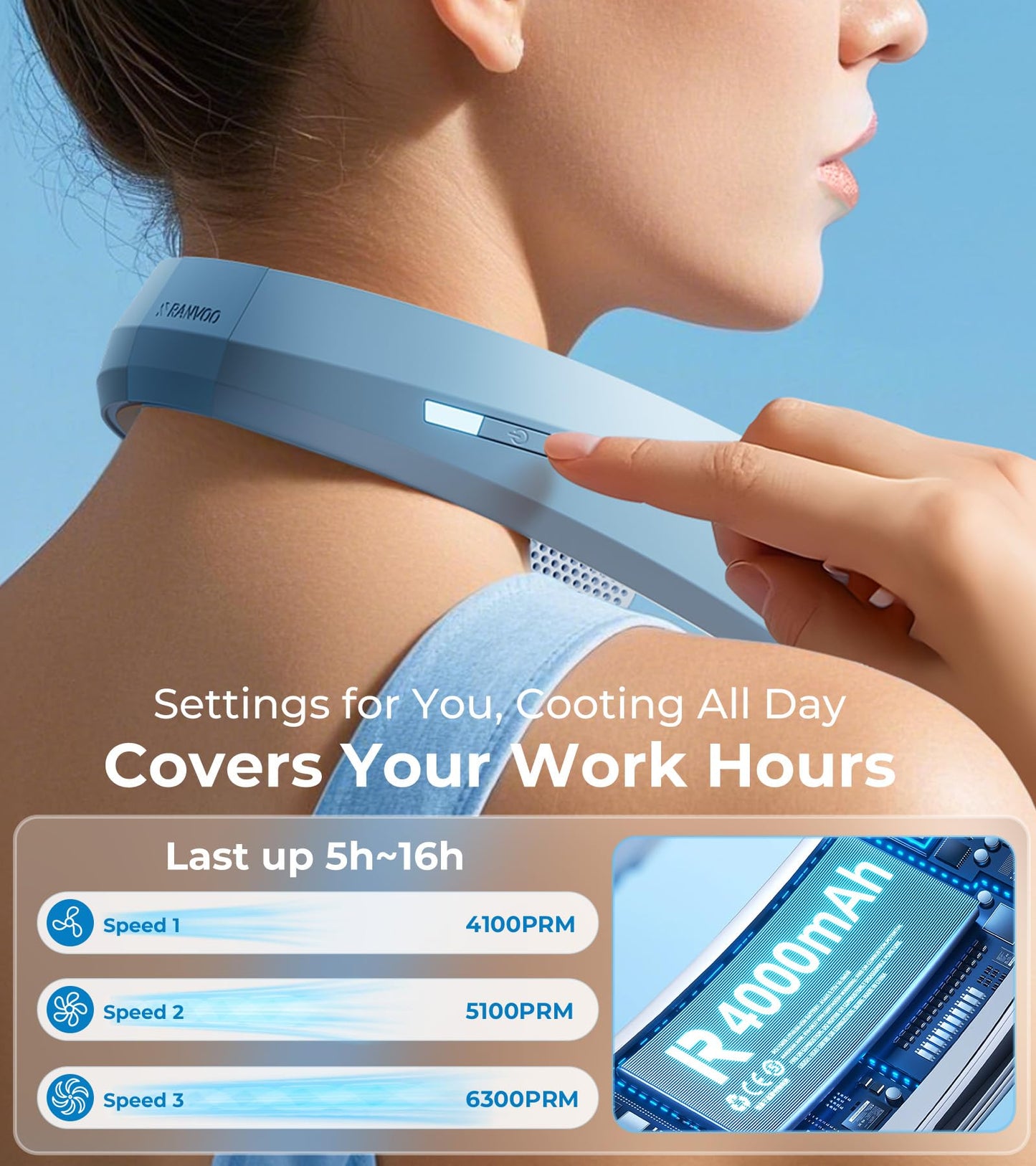 Rechargeable Neck Fan by RANVOO, Hands-Free Cooling