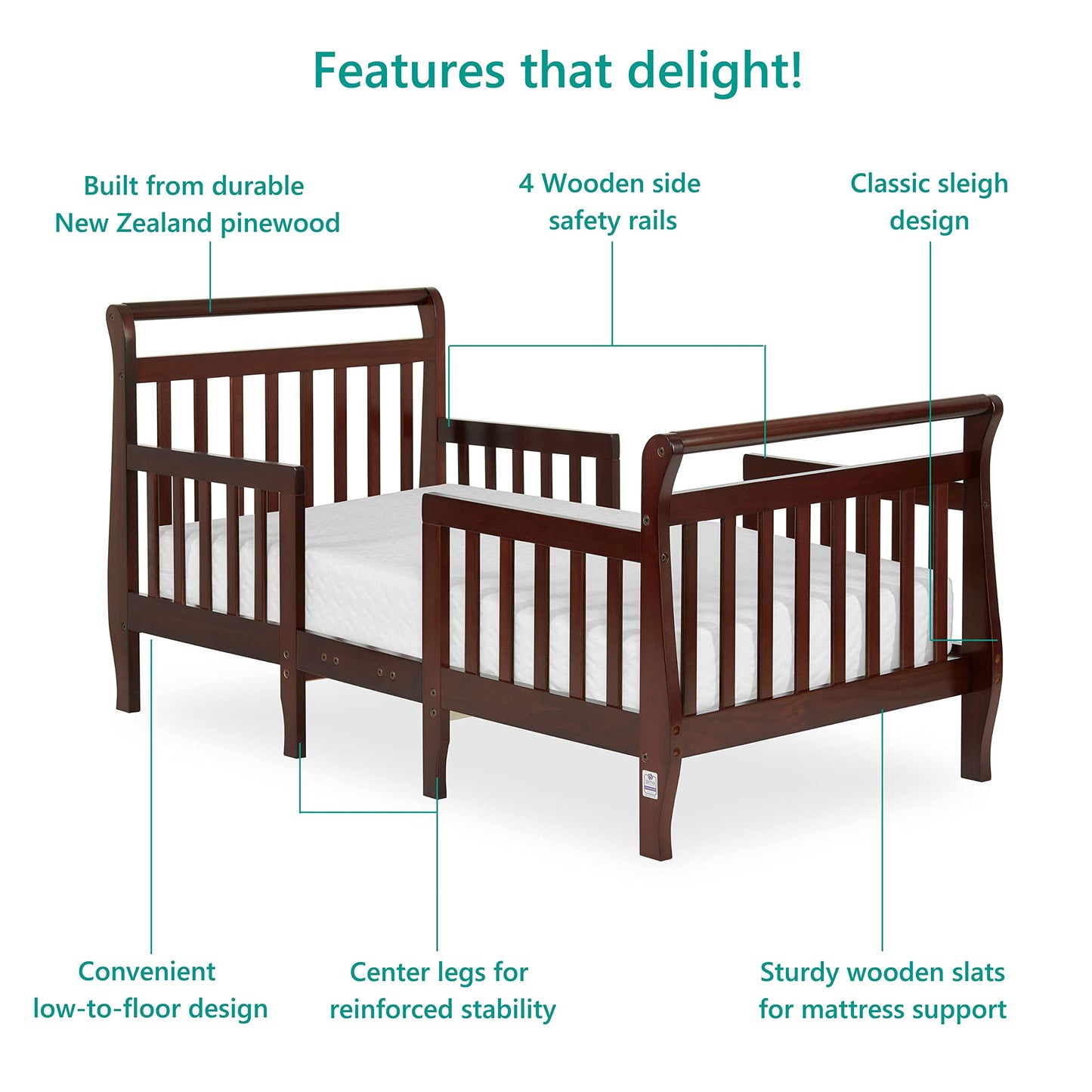 Dream On Me Emma 3-in-1 Convertible Toddler Bed in Espresso, Converts to Two Chairs and-Table, Low to Floor Design, JPMA Certified, Non-Toxic Finishes, Safety Rails