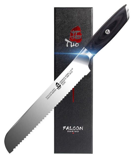 TUO Bread Knife 8 inch - Serrated Bread Slicing Knife Bread Cake Cutter German HC Steel with Pakkawood Handle -FALCON SERIES with Gift Box