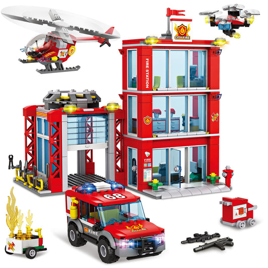 Fire Station Building Blocks Set with Vehicles
