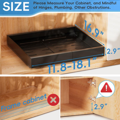 16.9" Deep Pull out Cabinet Organizer, Expandable (11.81" - 18"W) Slide Out Drawers with Updated Slide Guide, Storage Shelf for Kitchen Bathroom Cabinet