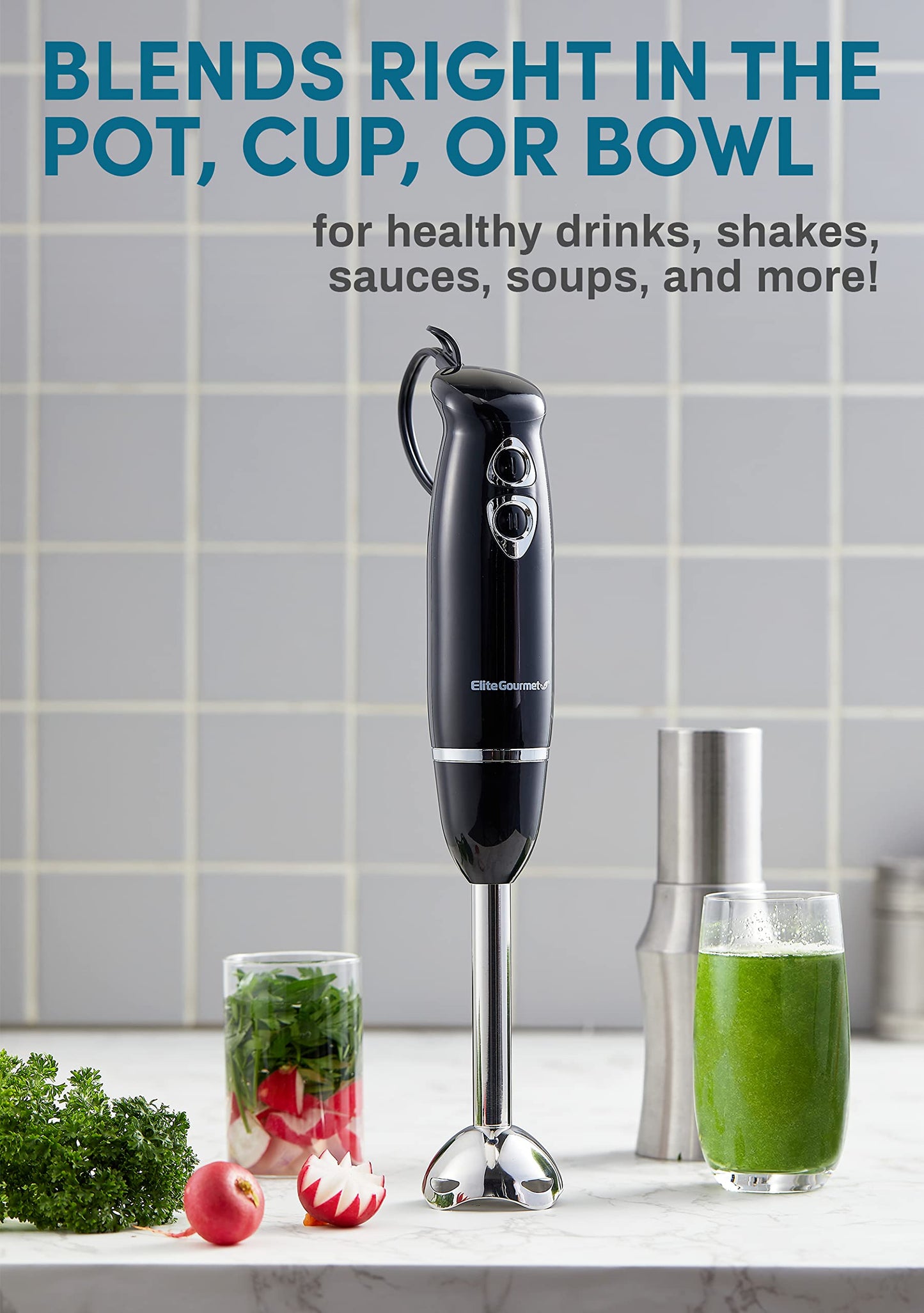 Elite Gourmet 500W Immersion Hand Blender with Steel Blades