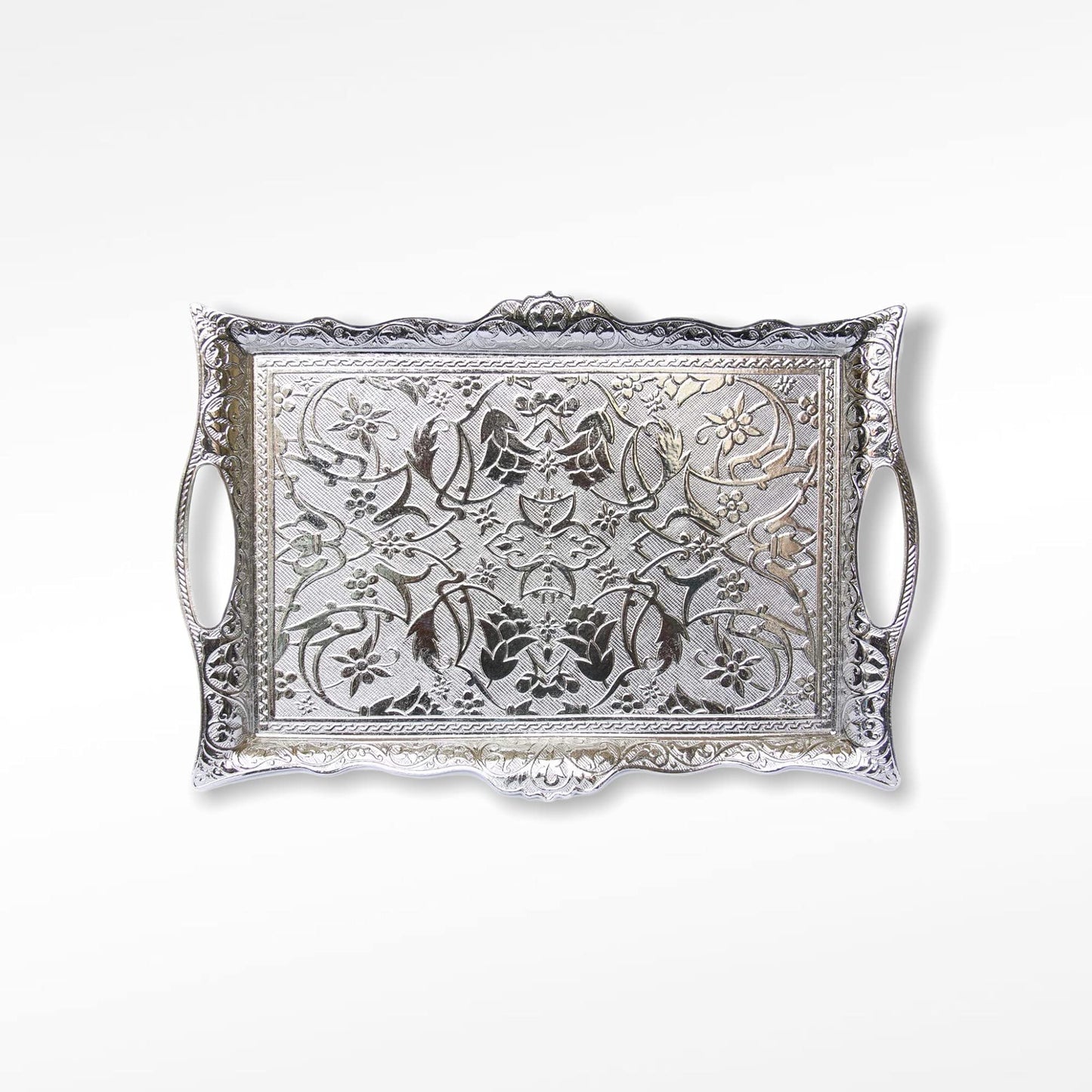Alisveristime Ottoman Turkish Zamak Serving Tray with Traditional Motifs, Ideal for Coffee and Tea - Six Person Tray (14.5 x 9.85 in) (Silver)