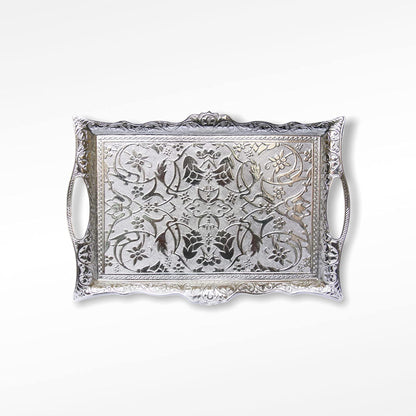 Alisveristime Ottoman Turkish Zamak Serving Tray with Traditional Motifs, Ideal for Coffee and Tea - Six Person Tray (14.5 x 9.85 in) (Silver)