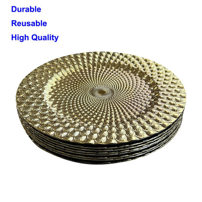 WELMATCH Gold Plastic Peacock Charger Plates - 12 pcs 13 Inch Round Wedding Party Decroation Charger Plates (Peacock Gold, 12)