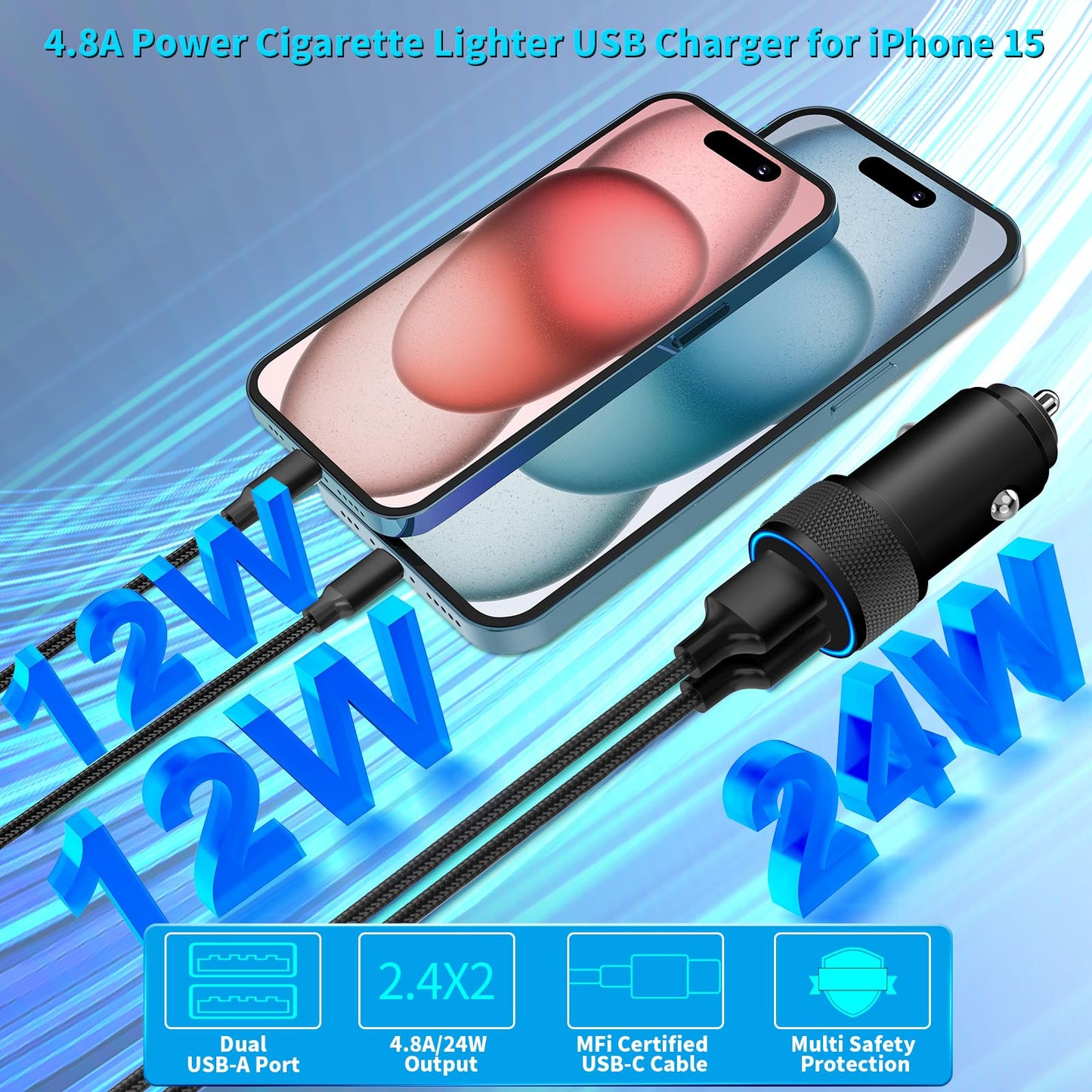 4.8A Dual USB Car Charger with 2 Pack Cable