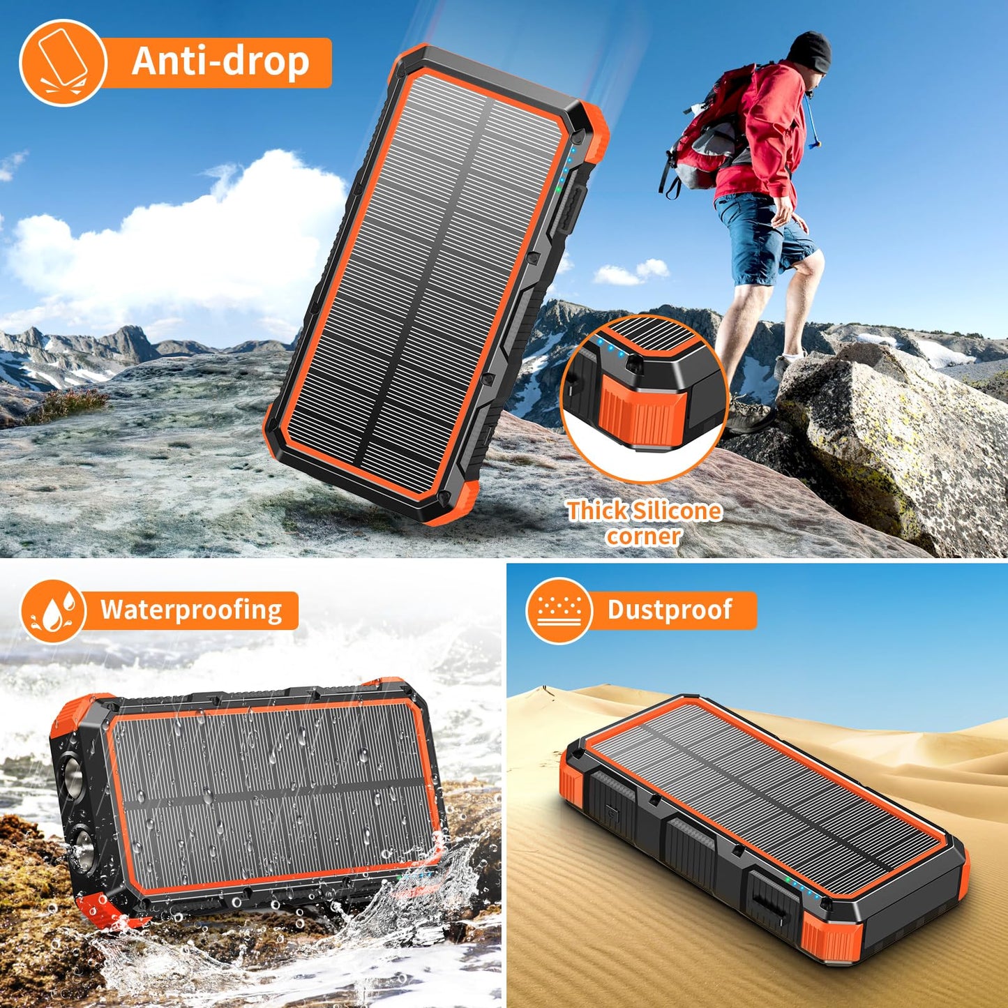 Solar Charger Power Bank 49800mAh Wireless Charger QC 3.0 Fast Charging Power Bank 8 Outputs 4 Inputs Solar Portable Charger Compatible with All Mobile Devices,SOS/Strobe/Strong Flashlights (Orange)