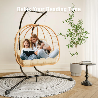 Pamapic Double Swing Egg Chair,Love Seat Proch Swing Egg Chair, 700 LBS Hanging Egg Chair with UV Resistant Wicker, Patio Furniture Waterproof Cushions Hammock Chair with Stand and Armrest, Beige