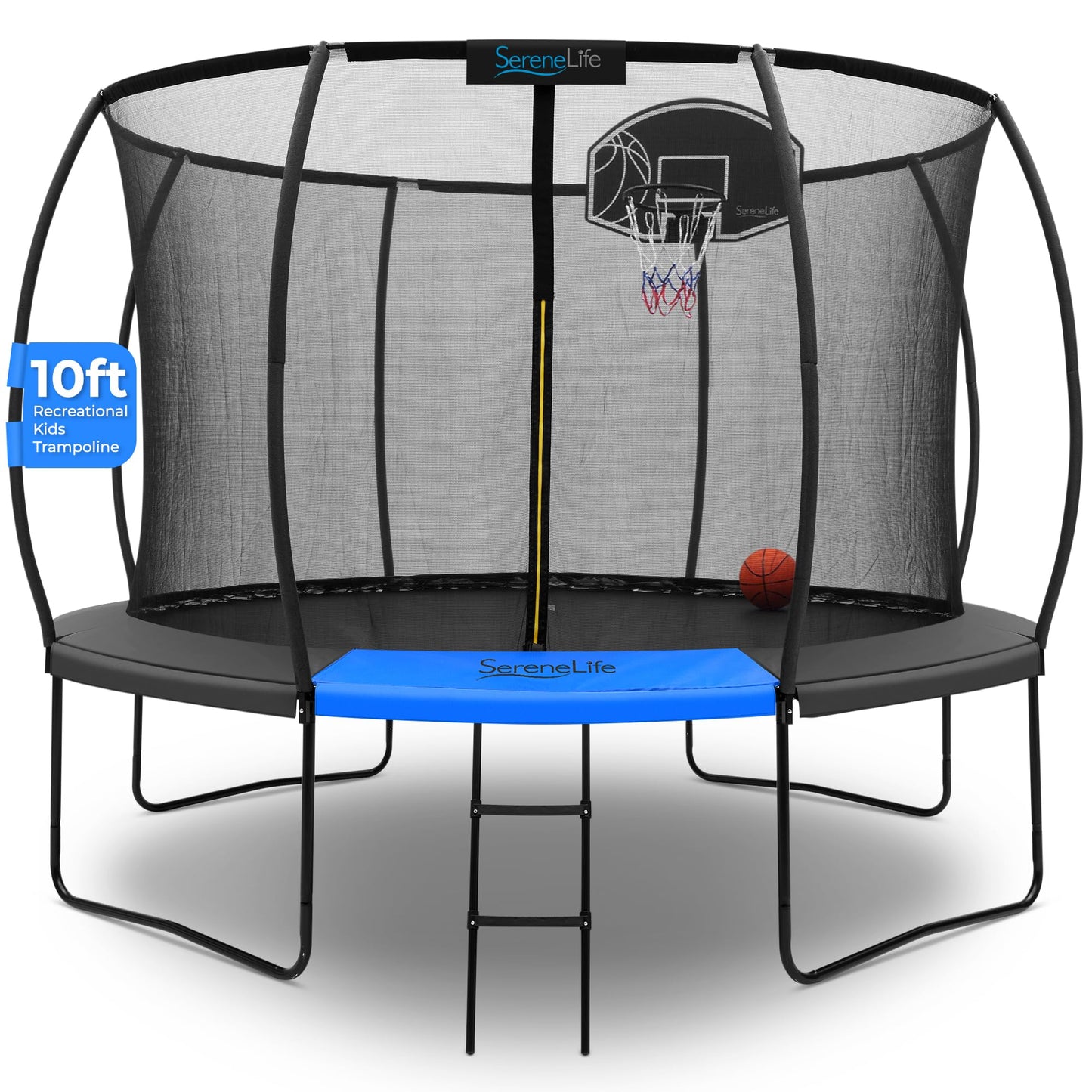 SereneLife 10ft Trampoline for Kids - Outdoor Recreational Backyard Trampoline with Net Enclosure, Basketball Hoop, Curved Safety Poles, UV-Tested Mat, Water-Resistant Padding, Up to 330 lbs.
