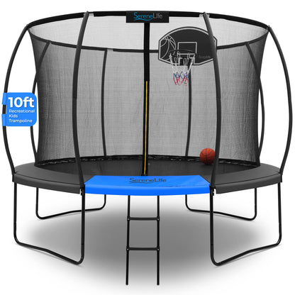 SereneLife 10ft Trampoline for Kids - Outdoor Recreational Backyard Trampoline with Net Enclosure, Basketball Hoop, Curved Safety Poles, UV-Tested Mat, Water-Resistant Padding, Up to 330 lbs.