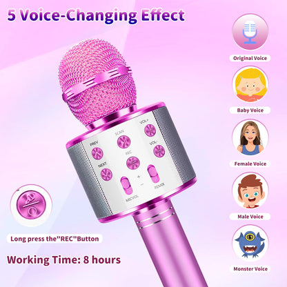 Justcool 5-in-1 Wireless Bluetooth Microphone for Kids, Portable Handheld Karaoke Mic Speaker Player Recorder, Suitable for Singing, Recording, Playing, and Traveling, Rose Pink