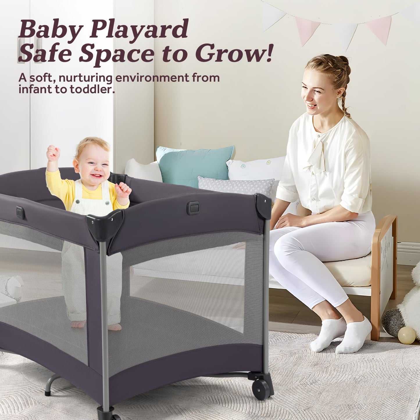 4-in-1 Portable Baby Playard with Bassinet & Canopy