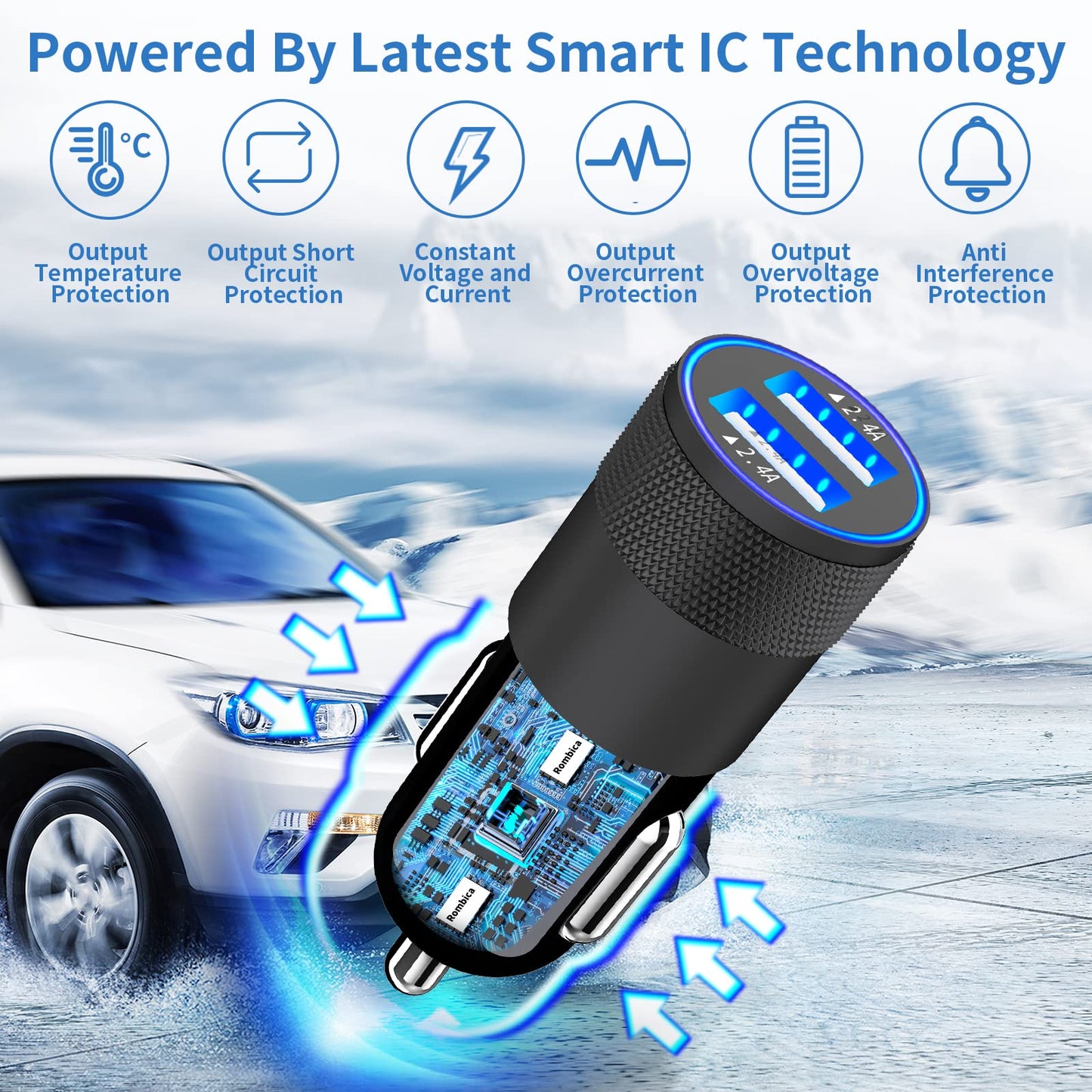 4.8A Dual USB Car Charger with Lightning Cable