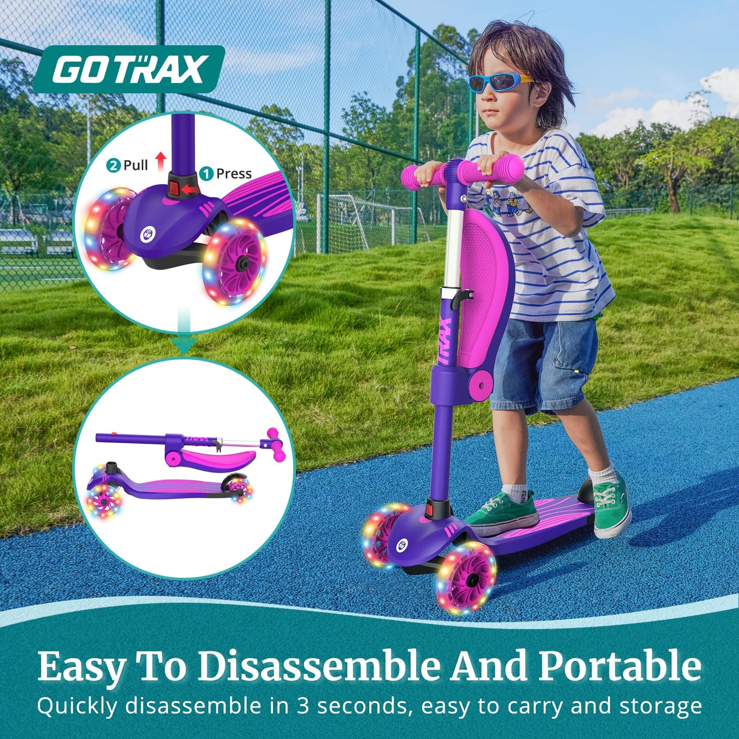 Gotrax KS3 Kids Kick Scooter, LED Lighted Wheels, Adjustable Height Handlebars and Removable Seat, Lean-to-Steer & Widen Anti-Slip Deck, 3 Wheel Scooter for kids Ages 2-8 and up to 100 Lbs (Purple)