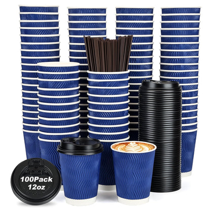 AIRE 100 Pack Disposable Coffee Cups with Lids 12 oz, To Go Coffee Cups with Lids & Straws, Insulated Paper Coffee Cups Hot Cups for Home, Office and Cafe-Blue