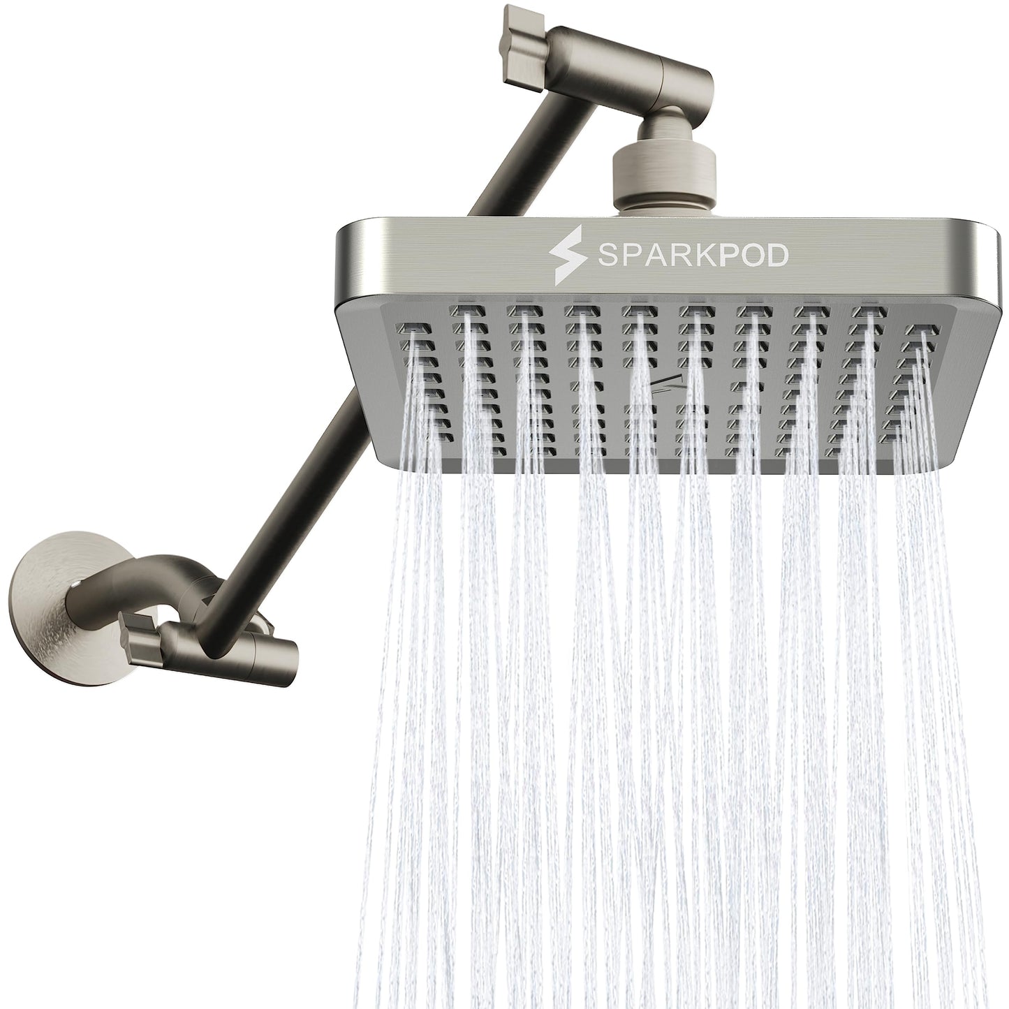 SparkPod Square Rain Shower Head with Shower Head Extension Arm - High Pressure Rain - Luxury Modern Look - No Hassle Tool-less 1-Min Installation (11" Shower Arm Extension, Elegant Brushed Nickel)