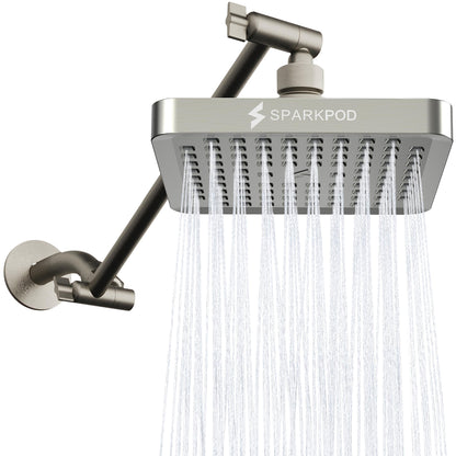 SparkPod Square Rain Shower Head with Shower Head Extension Arm - High Pressure Rain - Luxury Modern Look - No Hassle Tool-less 1-Min Installation (11" Shower Arm Extension, Elegant Brushed Nickel)
