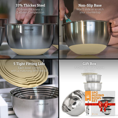 Priority Chef Premium Mixing Bowls With Lids Set, Airtight Lids, Thicker Stainless Steel Mixing Bowl Set, Large Prep Metal Bowls with Lids, Nesting Bowls for Kitchen, 1.5/2/3/4/5 Qrt, Khaki