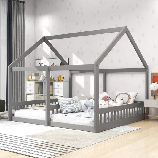 Merax Double Twin Kids House Shaped Low Platform Beds, Wood Floor Bed Frame for Boys, Girls, No Box Spring Needed Easy Assemble (Twin,Grey