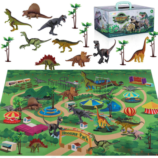 TEMI Dinosaur Toys for Kids 3-5, Realistic Jurassic Dinosaurs Figures with Play Mat & Trees to Create a Dino World Includes T-rex, Triceratops, Velociraptor, Gift for Toddler Boys and Girls 3 4 5 6 7