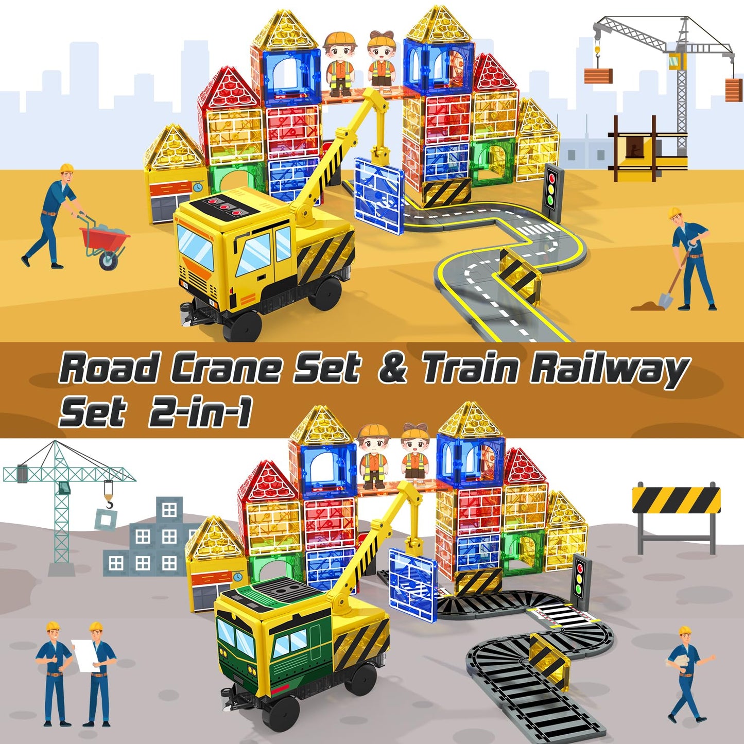 Magnetic Tiles Magnetic Construction Set with 2 Cranes Boys Toys for Ages 3-5 5-7 8-10 Building Toys Includes Crane, Road Tracks, Train, Train Tracks, Dolls, Car Toy, Traffic Lights and Stations