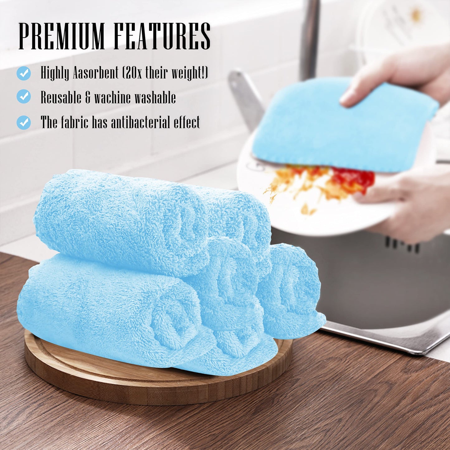 Sunny zzzZZ 24 Pack Kitchen Towels (Aquamarine, 10 x 20 Inch) - Does Not Shed Fluff - No Odor Reusable Dish Towels, Premium Dish Cloths, Super Absorbent Coral Fleece Cleaning Towels