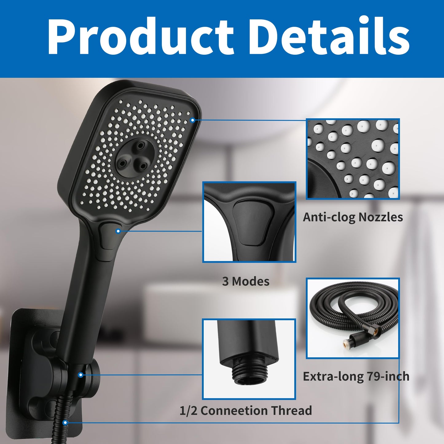 High Pressure Handheld Shower Head with Hose